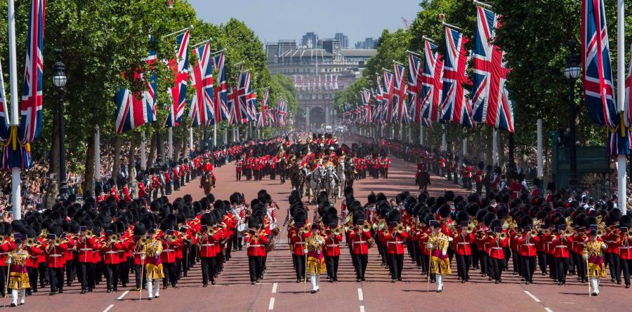 The Massed Bands of The Guards Division in The Mall after Trooping the Colour